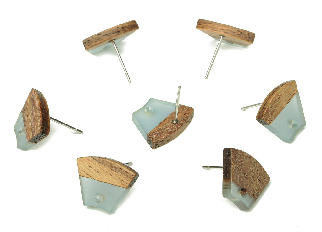 Natural Wooden Trapezoid Earring Stud - Walnut Wood Clear Blue Resin Fan Post - 316 Stainless Steel Stud - 15.32x12.32x3.26mm - BB1252P - DOMEDBAZAAR