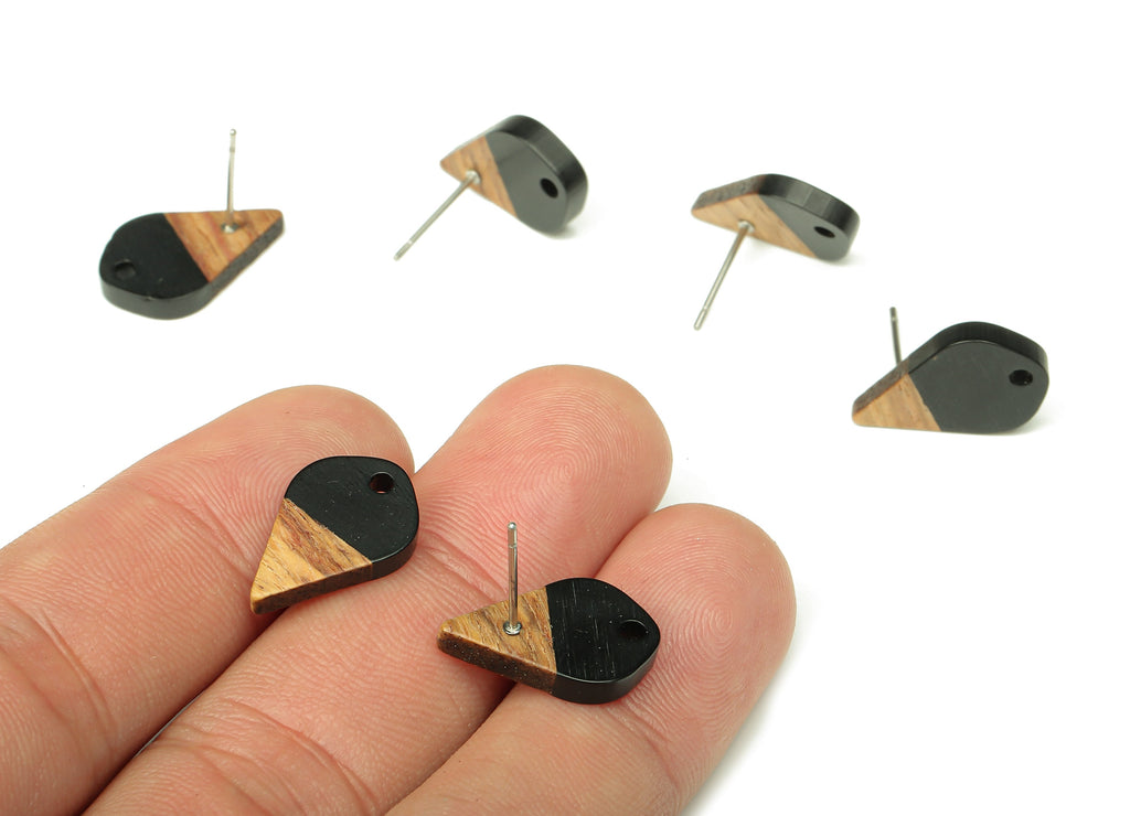 Natural Wooden Drop Earring Stud - Walnut Wood Black Resin Teardrop Earring Post - 316 Stainless Steel Stud - 17.76x10.96x2.73mm - BB1253A - DOMEDBAZAAR