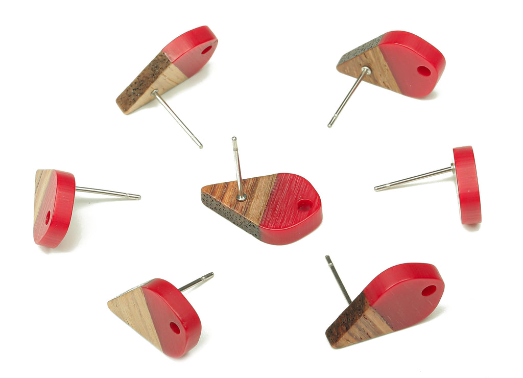 Natural Wooden Drop Earring Stud - Walnut Wood Red Resin Teardrop Earring Post - 316 Stainless Steel Stud - 17.76x10.96x2.73mm - BB1253D - DOMEDBAZAAR