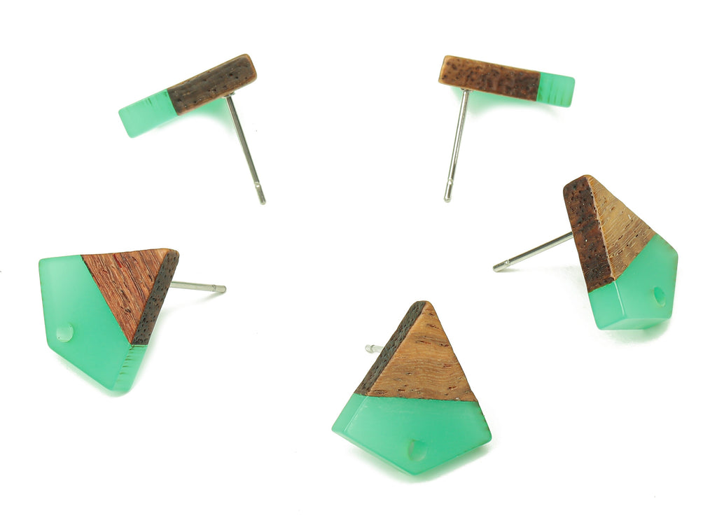 Natural Wooden Diamond Earring Stud - Walnut Wood Green Resin Rhombus Post - 316 Stainless Steel Stud - 16.35x15.23x3.28mm - BB1254A - DOMEDBAZAAR