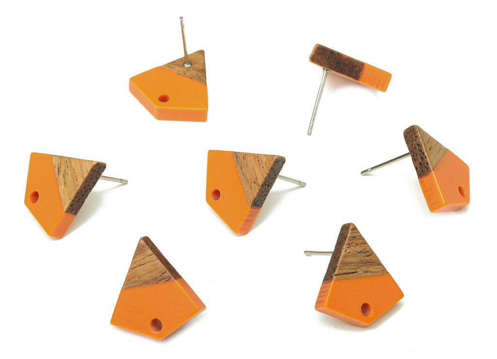 Natural Wooden Diamond Earring Stud - Walnut Wood Orange Resin Rhombus Post - 316 Stainless Steel Stud - 16.35x15.23x3.28mm - BB1254B - DOMEDBAZAAR