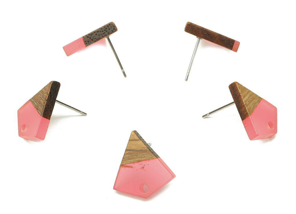 Natural Wooden Diamond Earring Stud - Walnut Wood Pink Resin Rhombus Post - 316 Stainless Steel Stud - 16.35x15.23x3.28mm - BB1254E - DOMEDBAZAAR
