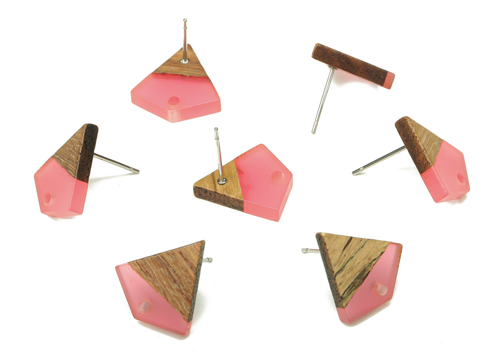 Natural Wooden Diamond Earring Stud - Walnut Wood Pink Resin Rhombus Post - 316 Stainless Steel Stud - 16.35x15.23x3.28mm - BB1254E - DOMEDBAZAAR