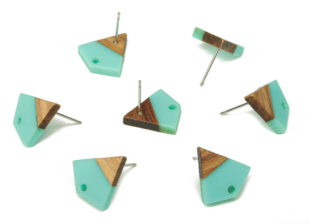 Natural Wooden Diamond Earring Stud - Walnut Wood Aqua Resin Rhombus Post - 316 Stainless Steel Stud - 16.35x15.23x3.28mm - BB1254F - DOMEDBAZAAR