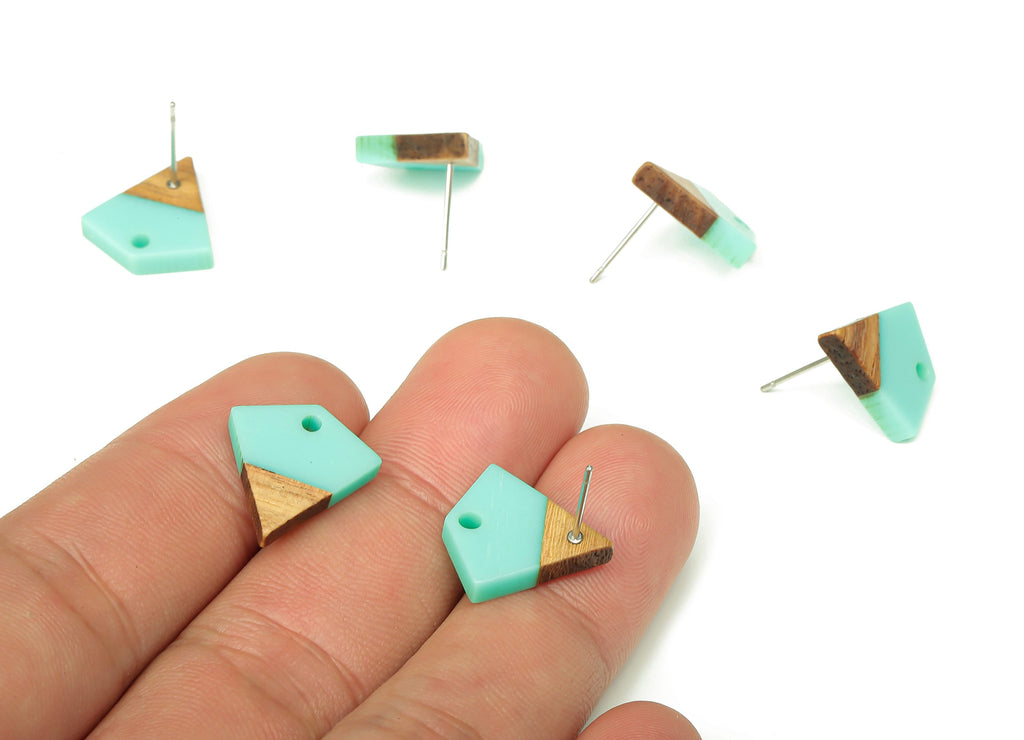 Natural Wooden Diamond Earring Stud - Walnut Wood Aqua Resin Rhombus Post - 316 Stainless Steel Stud - 16.35x15.23x3.28mm - BB1254F - DOMEDBAZAAR