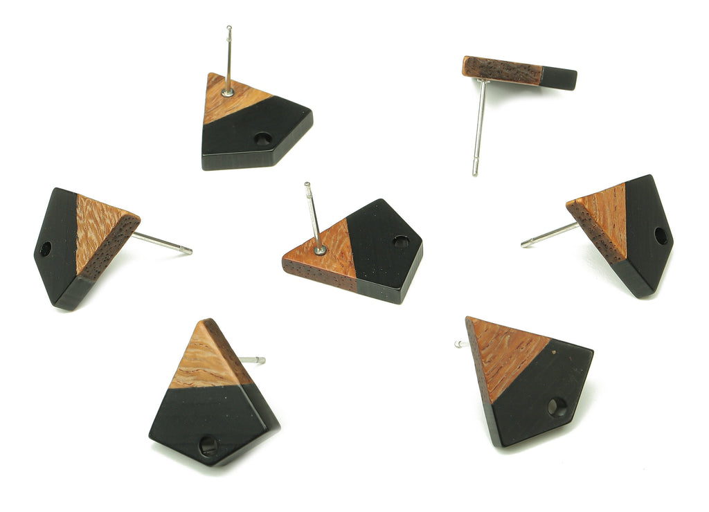 Natural Wooden Diamond Earring Stud - Walnut Wood Black Resin Rhombus Post - 316 Stainless Steel Stud - 16.35x15.23x3.28mm - BB1254H - DOMEDBAZAAR