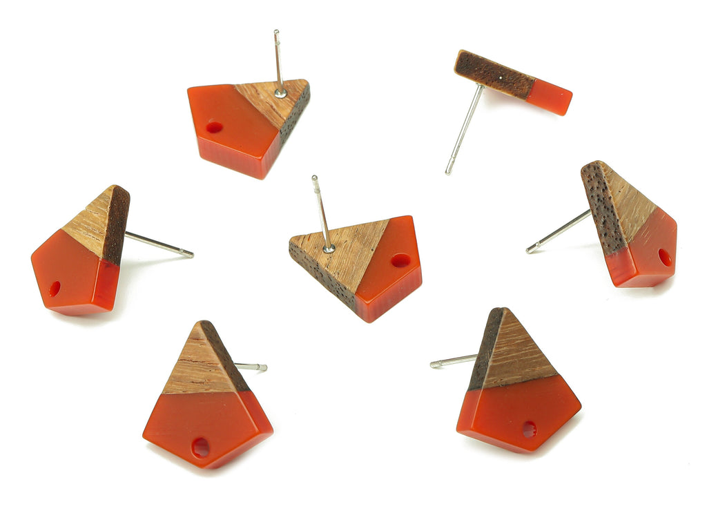 Natural Wooden Diamond Earring Stud - Walnut Wood Red Resin Rhombus Post - 316 Stainless Steel Stud - 16.35x15.23x3.28mm - BB1254J - DOMEDBAZAAR