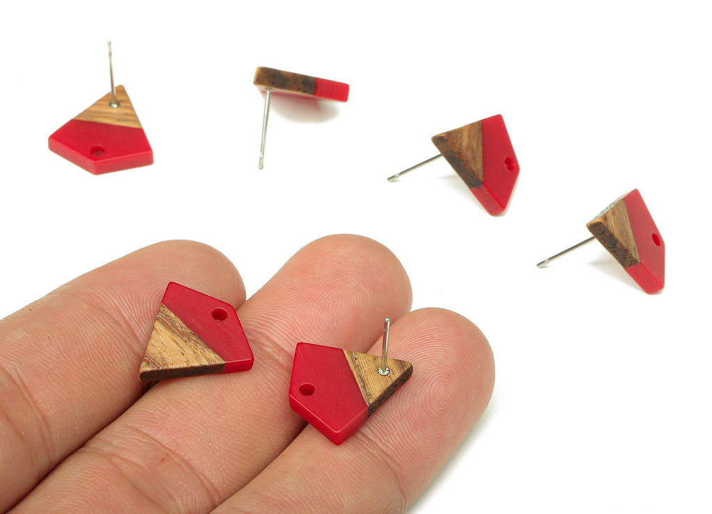 Natural Wooden Diamond Earring Stud - Walnut Wood Red Resin Rhombus Post - 316 Stainless Steel Stud - 16.35x15.23x3.28mm - BB1254L - DOMEDBAZAAR