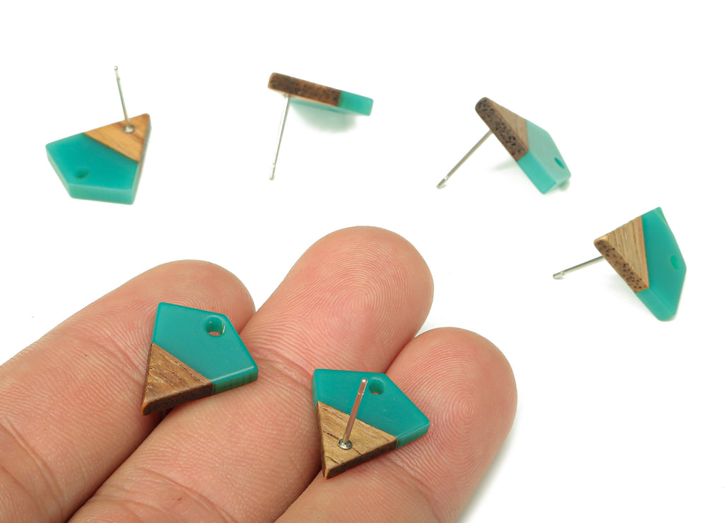 Natural Wooden Diamond Earring Stud - Walnut Wood Petrol Resin Rhombus Post - 316 Stainless Steel Stud - 16.35x15.23x3.28mm - BB1254M - DOMEDBAZAAR