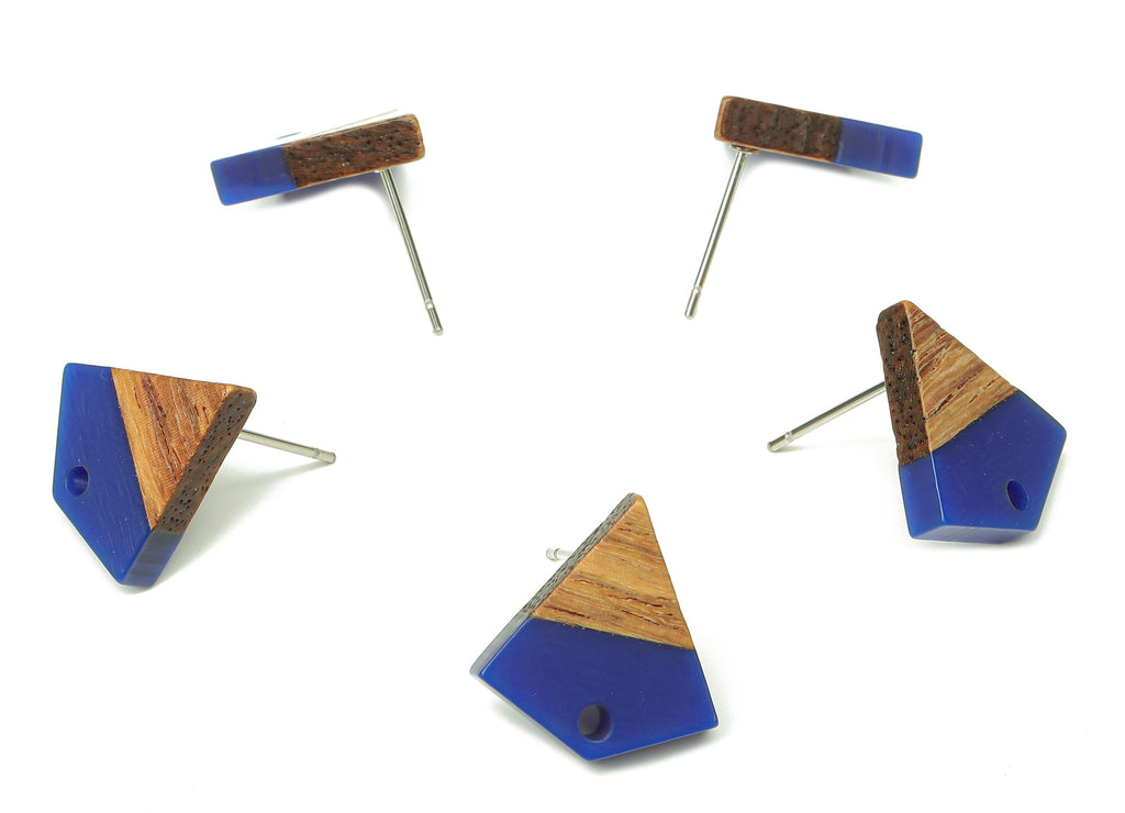 Natural Wooden Diamond Earring Stud - Walnut Wood Blue Resin Rhombus Post - 316 Stainless Steel Stud - 16.35x15.23x3.28mm - BB1254R - DOMEDBAZAAR