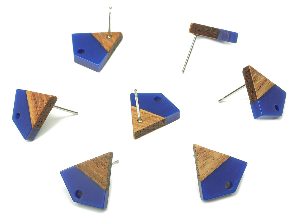 Natural Wooden Diamond Earring Stud - Walnut Wood Blue Resin Rhombus Post - 316 Stainless Steel Stud - 16.35x15.23x3.28mm - BB1254R - DOMEDBAZAAR