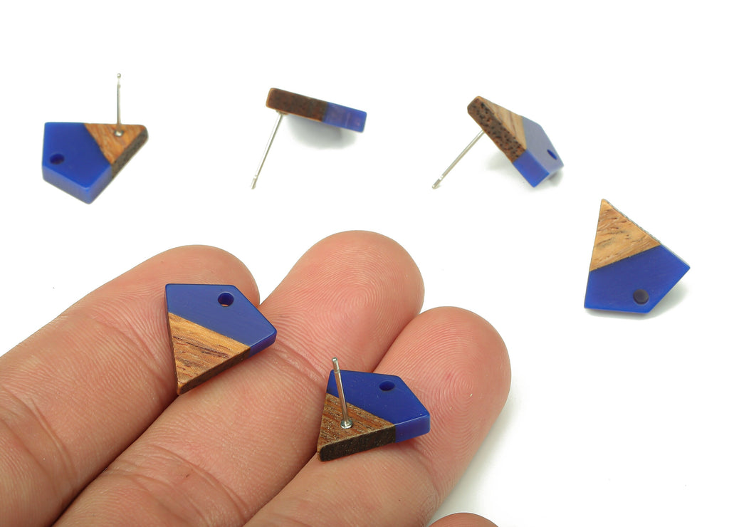 Natural Wooden Diamond Earring Stud - Walnut Wood Blue Resin Rhombus Post - 316 Stainless Steel Stud - 16.35x15.23x3.28mm - BB1254R - DOMEDBAZAAR