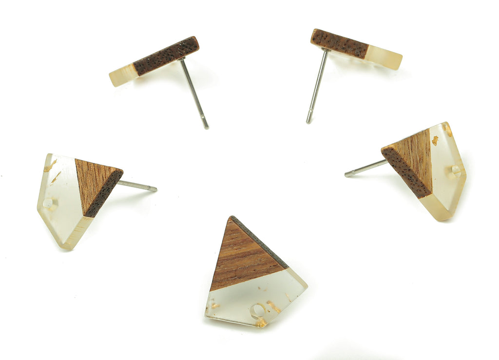 Natural Wooden Diamond Earring Stud - Walnut Wood Gold Foil Clear Resin Rhombus Post - 316 Stainless Steel Stud - 16.4x15.23x3.3mm - BB1254S - DOMEDBAZAAR
