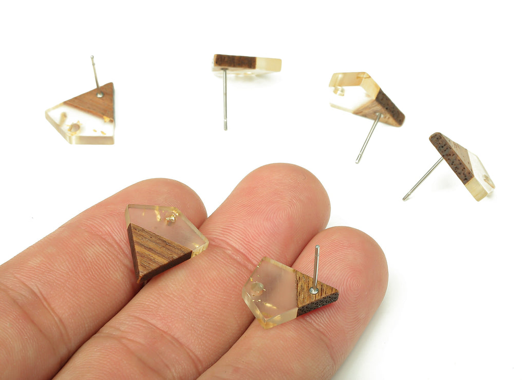 Natural Wooden Diamond Earring Stud - Walnut Wood Gold Foil Clear Resin Rhombus Post - 316 Stainless Steel Stud - 16.4x15.23x3.3mm - BB1254S - DOMEDBAZAAR