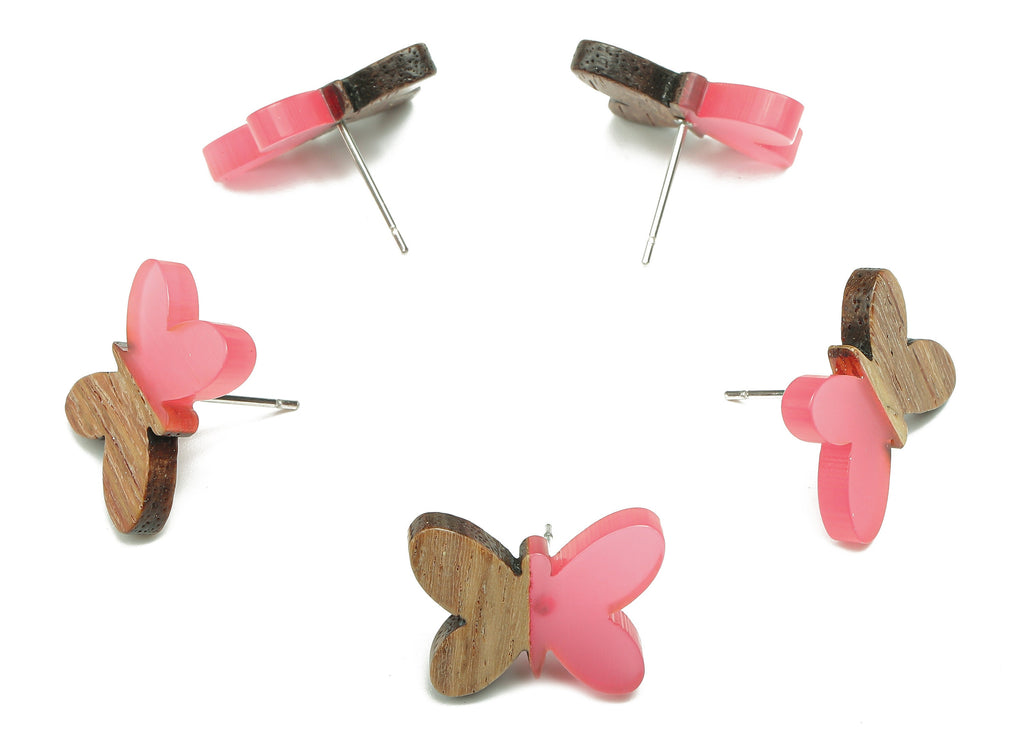 Natural Wooden Butterfly Earring Stud - Walnut Wood Pink Resin Earring Post - 316 Stainless Steel Stud - 18.13x13.48x3.17mm - BB1273B - DOMEDBAZAAR