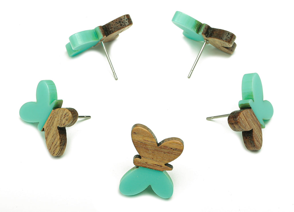 Natural Wooden Butterfly Earring Stud - Walnut Wood Aqua Resin Earring Post - 316 Stainless Steel Stud - 18.13x13.48x3.17mm - BB1273D - DOMEDBAZAAR