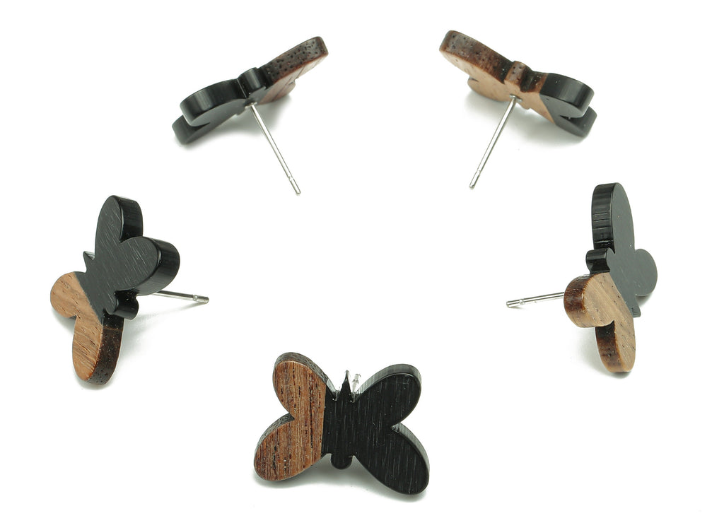 Natural Wooden Butterfly Earring Stud - Walnut Wood Black Resin Earring Post - 316 Stainless Steel Stud - 18.13x13.48x3.17mm - BB1273F - DOMEDBAZAAR
