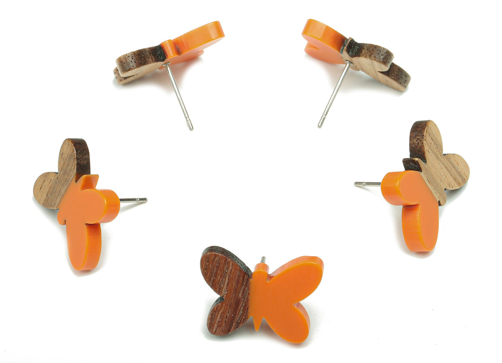Natural Wooden Butterfly Earring Stud - Walnut Wood Orange Resin Earring Post - 316 Stainless Steel Stud - 18.13x13.48x3.17mm - BB1273H - DOMEDBAZAAR