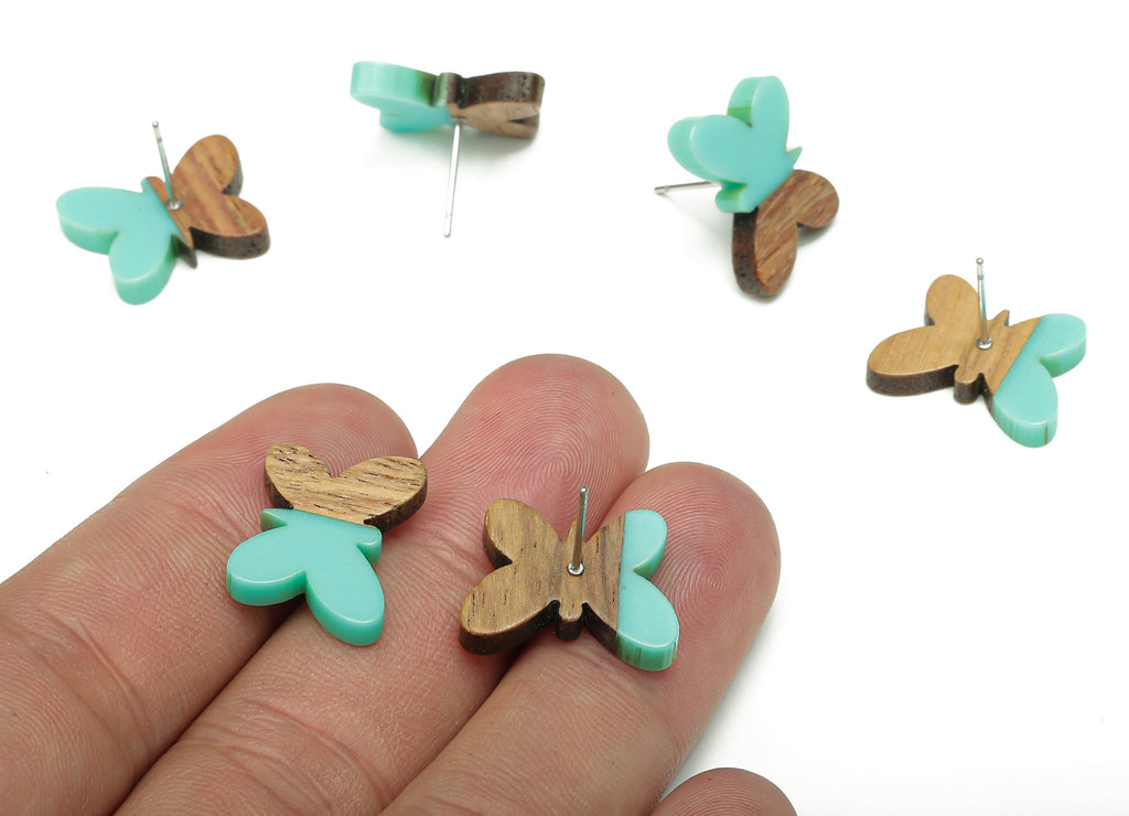 Natural Wooden Butterfly Earring Stud - Walnut Wood Aqua Resin Earring Post - 316 Stainless Steel Stud - 18.13x13.48x3.17mm - BB1273D - DOMEDBAZAAR