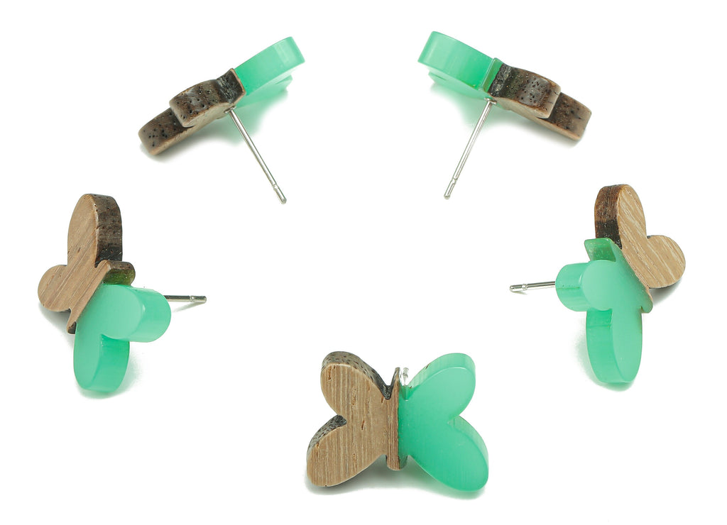 Natural Wooden Butterfly Earring Stud - Walnut Wood Green Resin Earring Post - 316 Stainless Steel Stud - 18.13x13.48x3.17mm - BB1273K - DOMEDBAZAAR