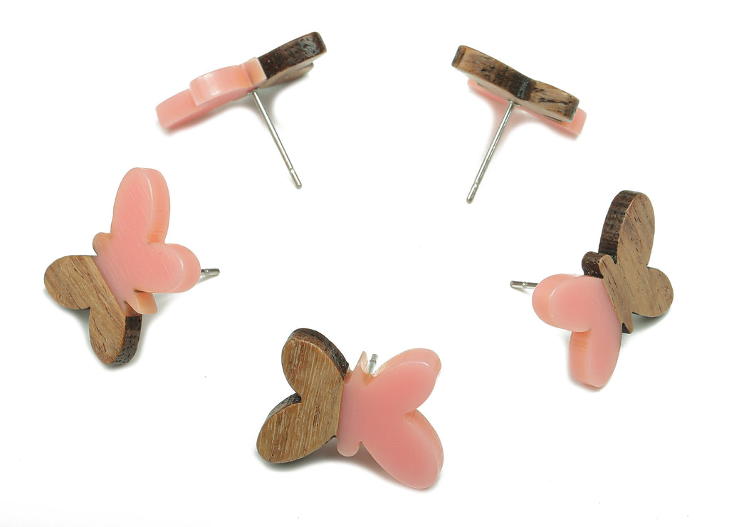 Natural Wooden Butterfly Earring Stud - Walnut Wood Pink Resin Earring Post - 316 Stainless Steel Stud - 18.13x13.48x3.17mm - BB1273M - DOMEDBAZAAR