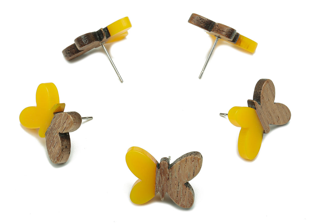 Natural Wooden Butterfly Earring Stud - Walnut Wood Yellow Resin Earring Post - 316 Stainless Steel Stud - 18.13x13.48x3.17mm - BB1273L - DOMEDBAZAAR