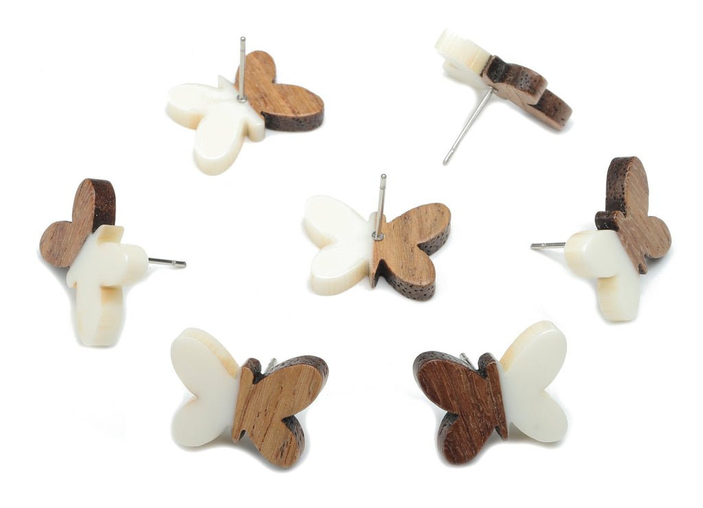 Natural Wooden Butterfly Earring Stud - Walnut Wood White Resin Earring Post - 316 Stainless Steel Stud - 18.13x13.48x3.17mm - BB1273N - DOMEDBAZAAR