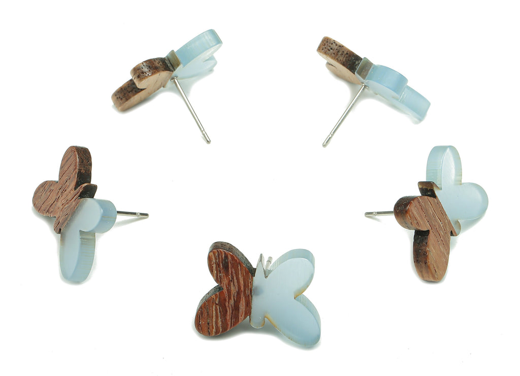 Natural Wooden Butterfly Earring Stud - Walnut Wood Light Blue Resin Earring Post - 316 Stainless Steel Stud - 18.13x13.48x3.17mm - BB1273P - DOMEDBAZAAR