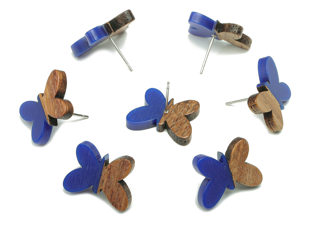 Natural Wooden Butterfly Earring Stud - Walnut Wood Blue Resin Earring Post - 316 Stainless Steel Stud - 18.13x13.48x3.17mm - BB1273J - DOMEDBAZAAR
