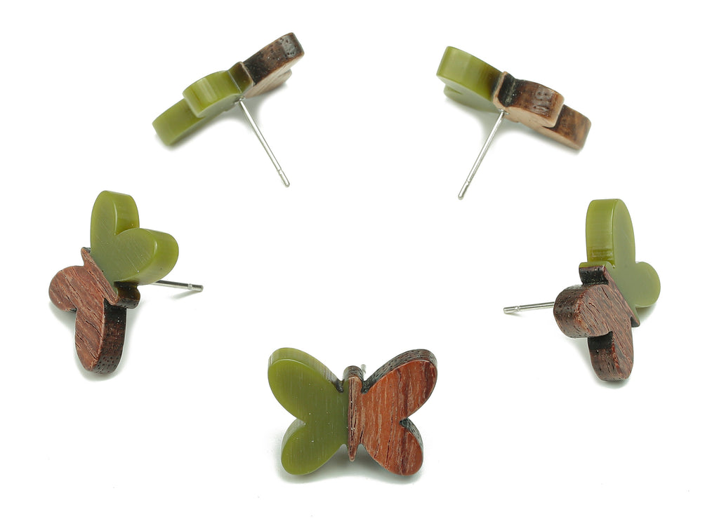 Natural Wooden Butterfly Earring Stud - Walnut Wood Green Resin Earring Post - 316 Stainless Steel Stud - 18.13x13.48x3.17mm - BB1273R - DOMEDBAZAAR