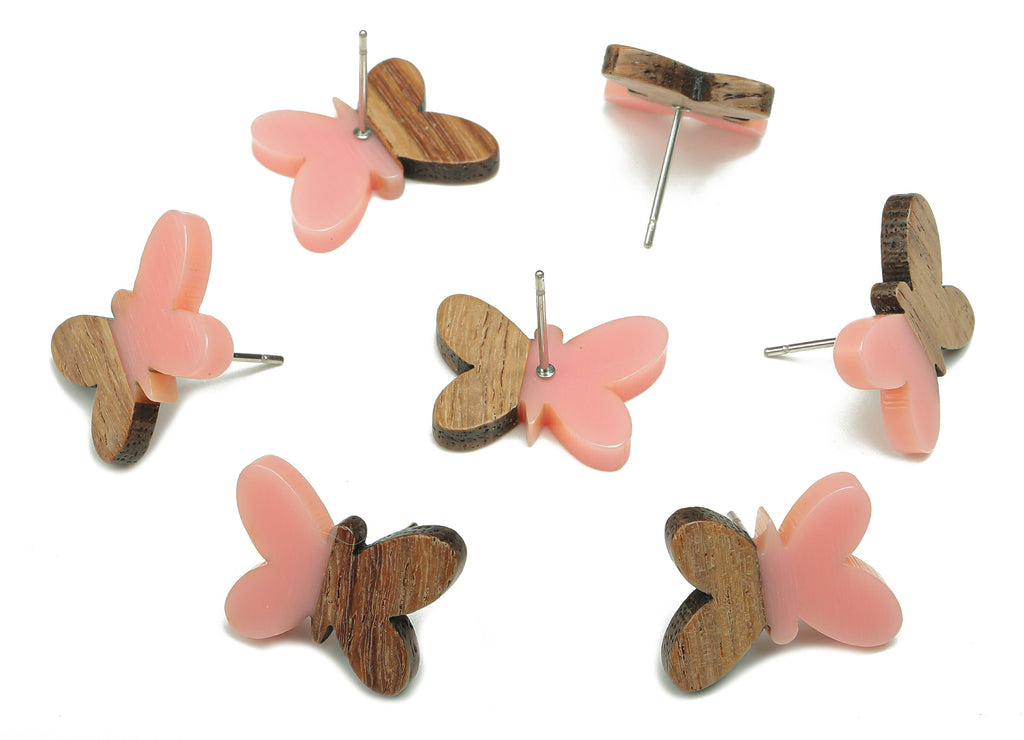 Natural Wooden Butterfly Earring Stud - Walnut Wood Pink Resin Earring Post - 316 Stainless Steel Stud - 18.13x13.48x3.17mm - BB1273M - DOMEDBAZAAR