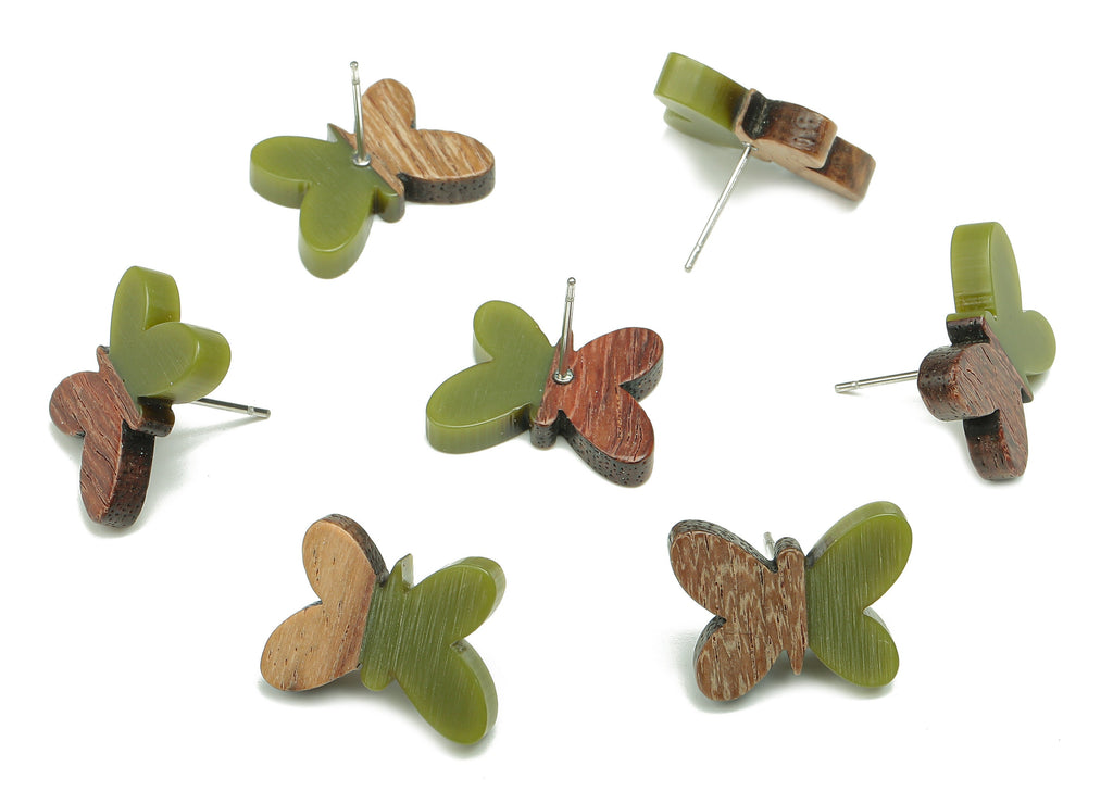Natural Wooden Butterfly Earring Stud - Walnut Wood Green Resin Earring Post - 316 Stainless Steel Stud - 18.13x13.48x3.17mm - BB1273R - DOMEDBAZAAR