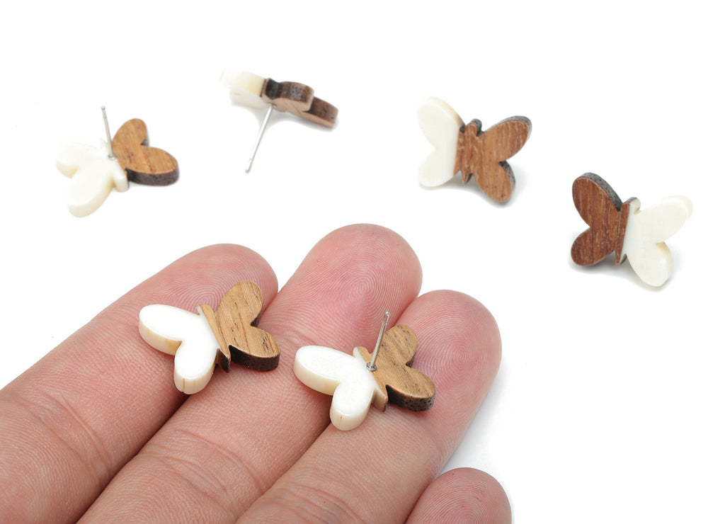 Natural Wooden Butterfly Earring Stud - Walnut Wood White Resin Earring Post - 316 Stainless Steel Stud - 18.13x13.48x3.17mm - BB1273N - DOMEDBAZAAR