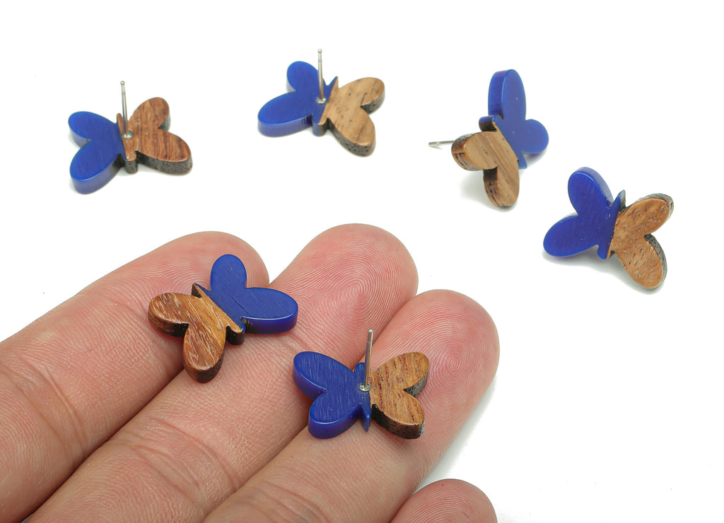 Natural Wooden Butterfly Earring Stud - Walnut Wood Blue Resin Earring Post - 316 Stainless Steel Stud - 18.13x13.48x3.17mm - BB1273J - DOMEDBAZAAR