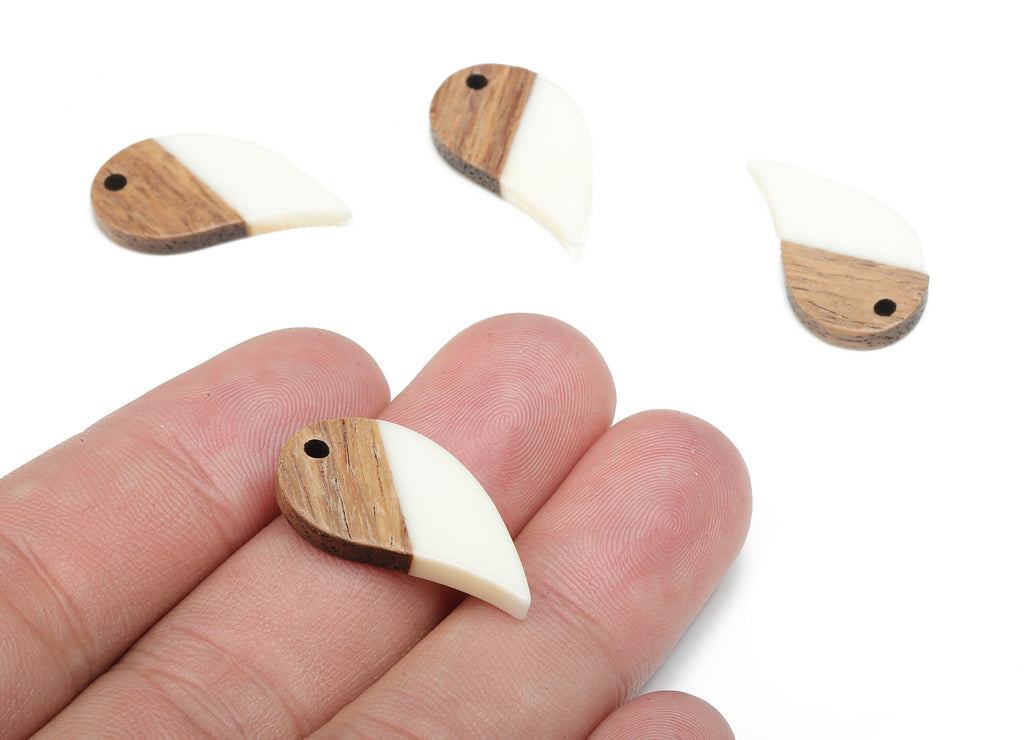 Natural Wooden Drop Earring Charm - Walnut Wood White Resin Earring - Teardrop Pendant - Earring Findings - 25.6x13.8x3.1mm - BB1276A - DOMEDBAZAAR