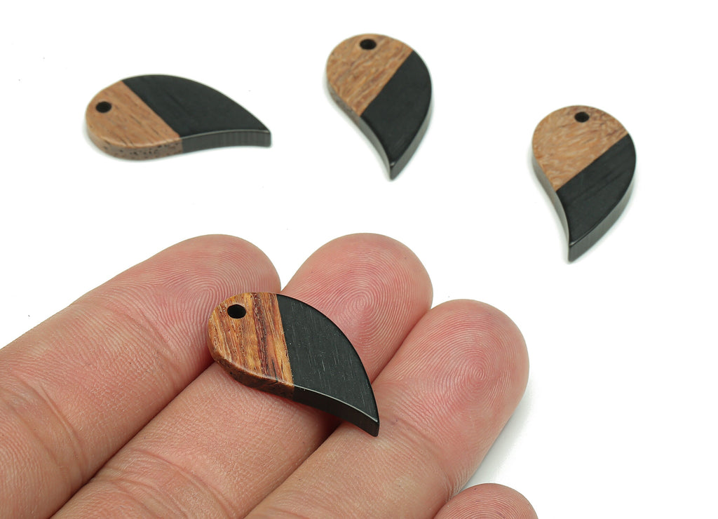 Natural Wooden Drop Earring Charm - Walnut Wood Black Resin Earring - Teardrop Pendant - Earring Findings - 25.6x13.8x3.1mm - BB1276B - DOMEDBAZAAR