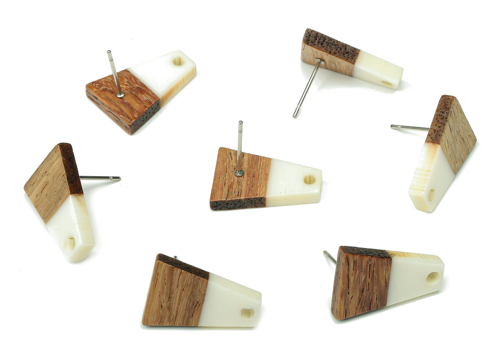Natural Wooden Trapezoid Earring Stud - Walnut Wood White Resin Earring Post - 316 Stainless Steel Stud - 17.86x12.37x2.5mm - BB1260P - DOMEDBAZAAR
