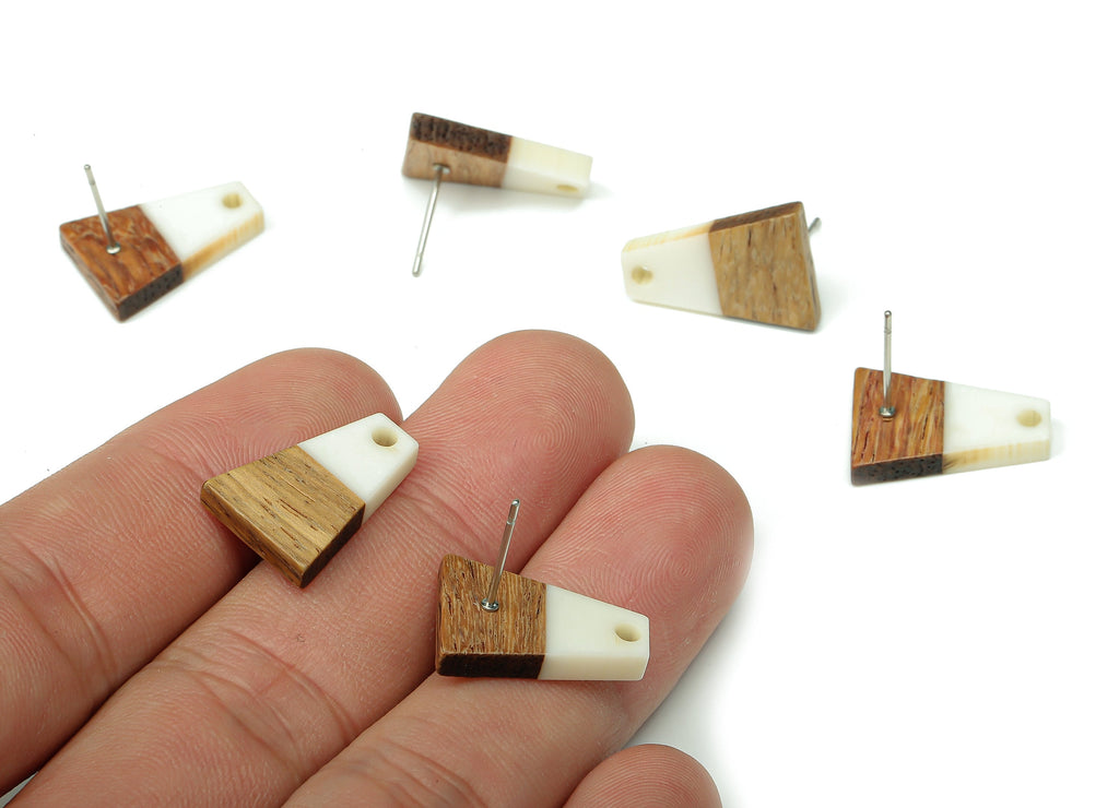Natural Wooden Trapezoid Earring Stud - Walnut Wood White Resin Earring Post - 316 Stainless Steel Stud - 17.86x12.37x2.5mm - BB1260P - DOMEDBAZAAR