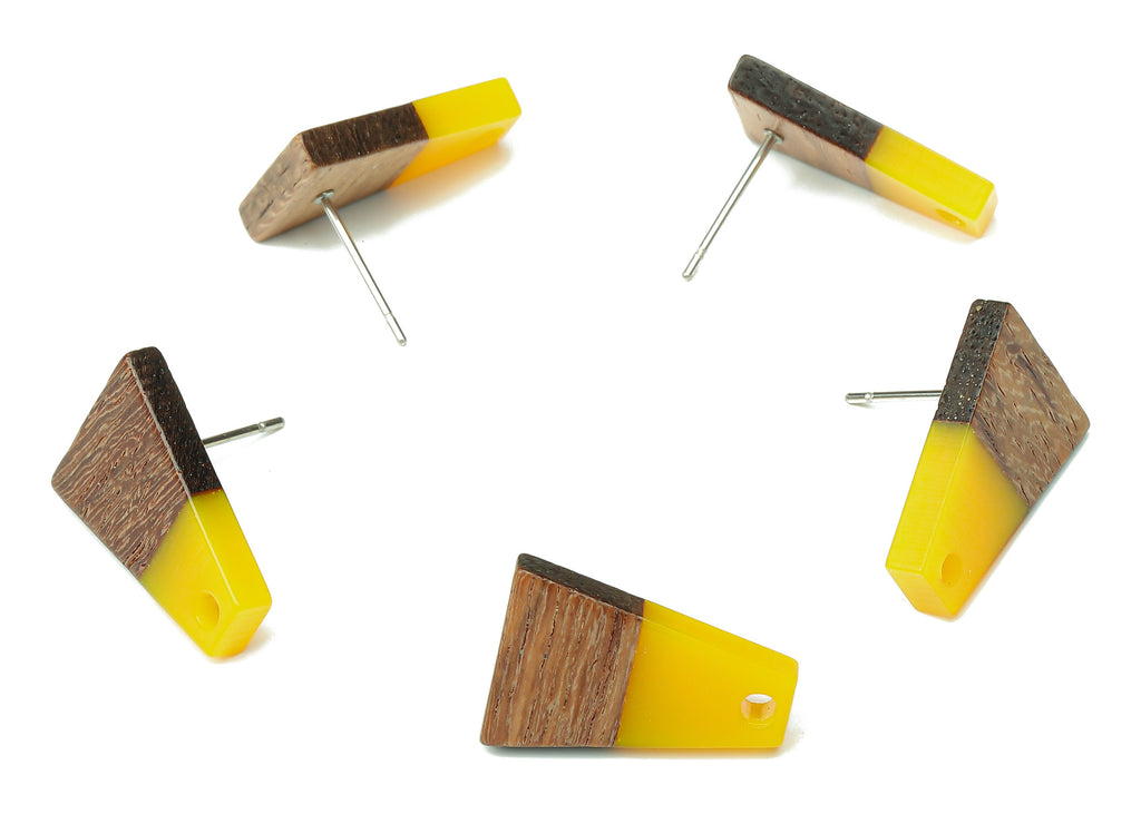 Natural Wooden Trapezoid Earring Stud - Walnut Wood Yellow Resin Earring Post - 316 Stainless Steel Stud - 17.86x12.37x2.5mm - BB1260R - DOMEDBAZAAR