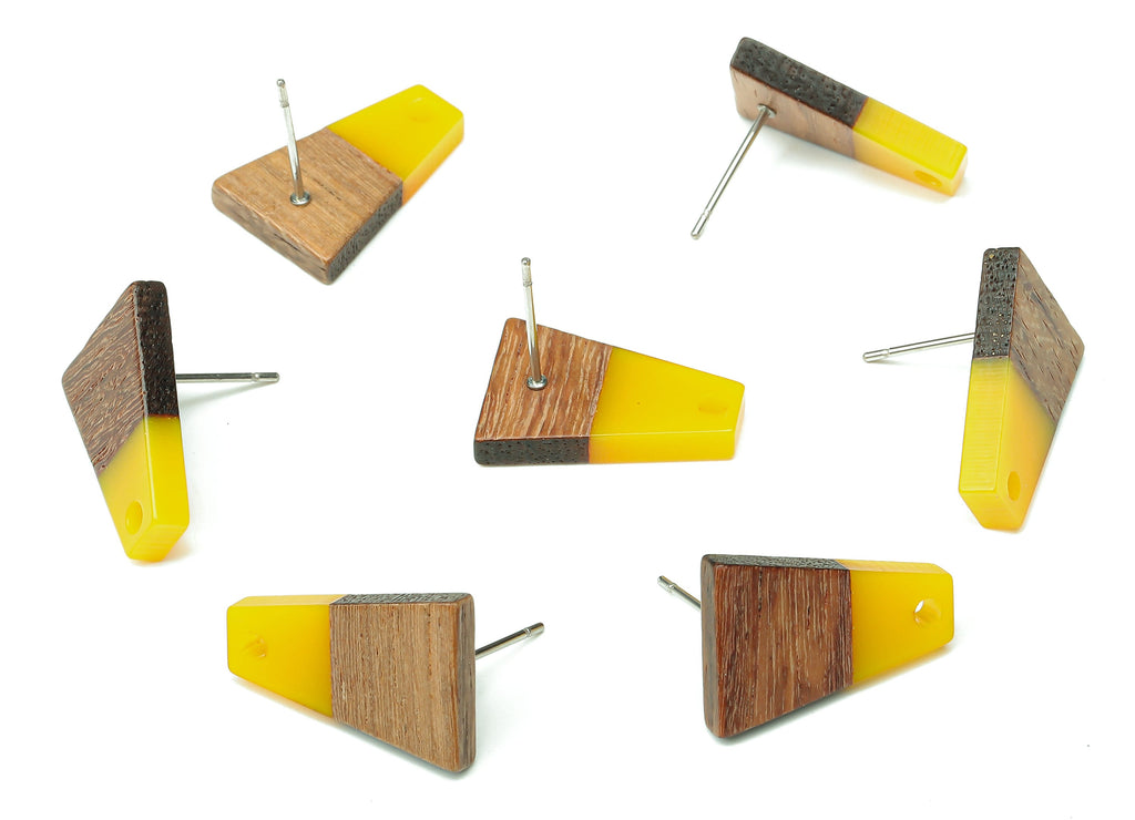 Natural Wooden Trapezoid Earring Stud - Walnut Wood Yellow Resin Earring Post - 316 Stainless Steel Stud - 17.86x12.37x2.5mm - BB1260R - DOMEDBAZAAR