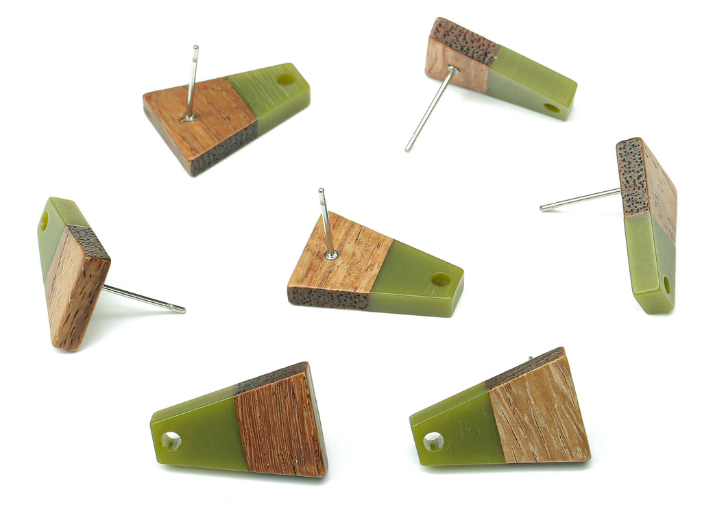 Natural Wooden Trapezoid Earring Stud - Walnut Wood Green Resin Earring Post - 316 Stainless Steel Stud - 17.86x12.37x2.5mm - BB1260S - DOMEDBAZAAR