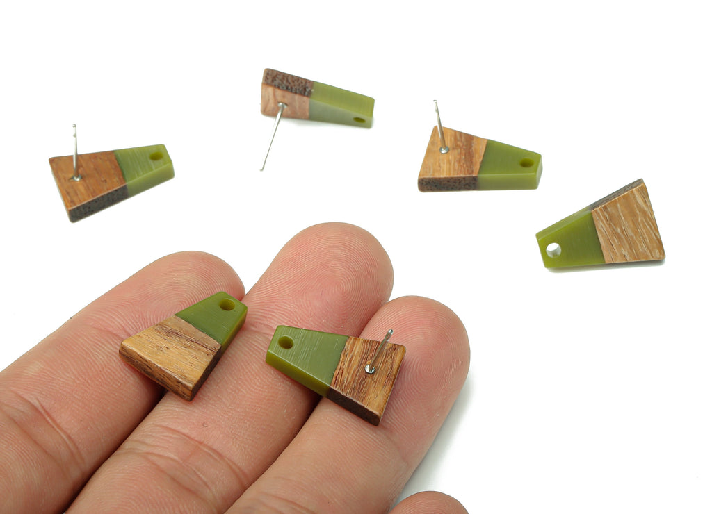 Natural Wooden Trapezoid Earring Stud - Walnut Wood Green Resin Earring Post - 316 Stainless Steel Stud - 17.86x12.37x2.5mm - BB1260S - DOMEDBAZAAR
