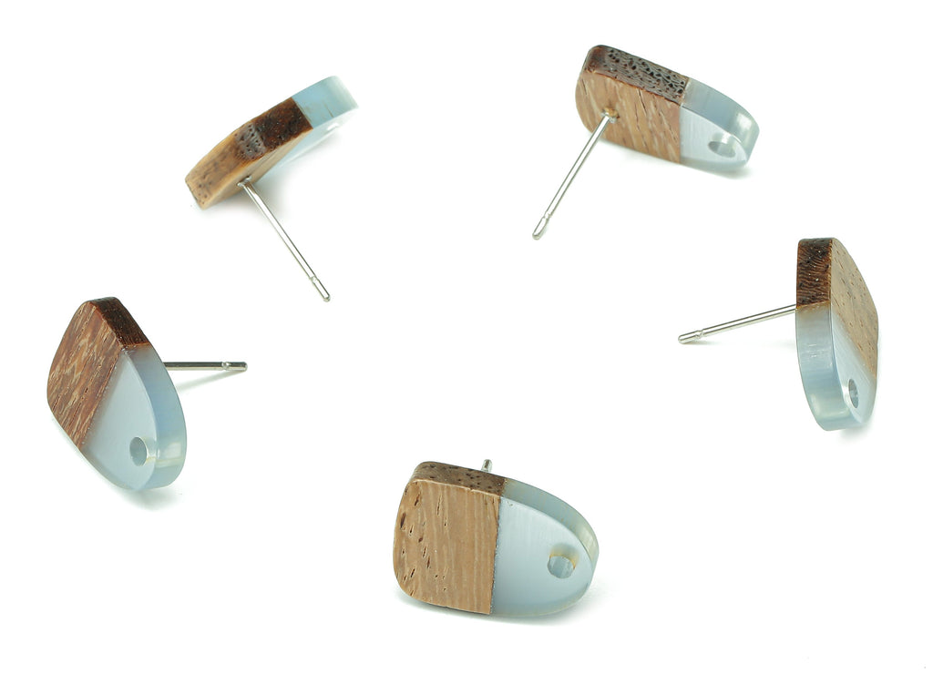 Natural Wooden Domed Earring Stud - Walnut Wood Light Blue Resin Drop Earring Post - 316 Stainless Steel Stud - 15.18x11.01x3.18mm - BB1261A - DOMEDBAZAAR