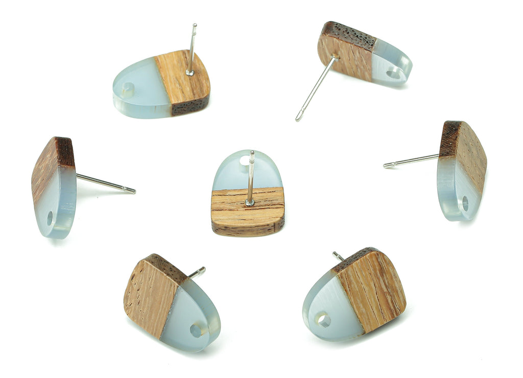 Natural Wooden Domed Earring Stud - Walnut Wood Light Blue Resin Drop Earring Post - 316 Stainless Steel Stud - 15.18x11.01x3.18mm - BB1261A - DOMEDBAZAAR