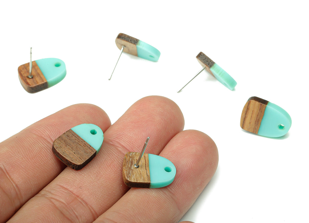 Natural Wooden Domed Earring Stud - Walnut Wood Aqua Resin Drop Earring Post - 316 Stainless Steel Stud - 15.18x11.01x3.18mm - BB1261B - DOMEDBAZAAR