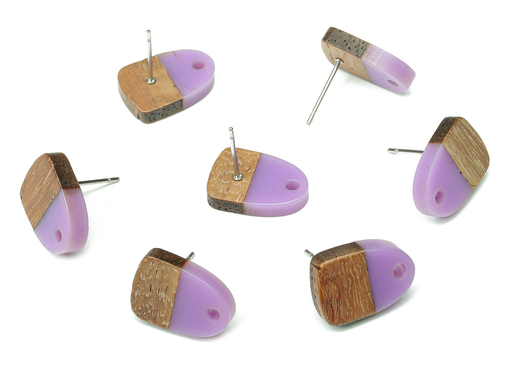 Natural Wooden Domed Earring Stud - Walnut Wood Purple Resin Drop Earring Post - 316 Stainless Steel Stud - 15.18x11.01x3.18mm - BB1261C - DOMEDBAZAAR