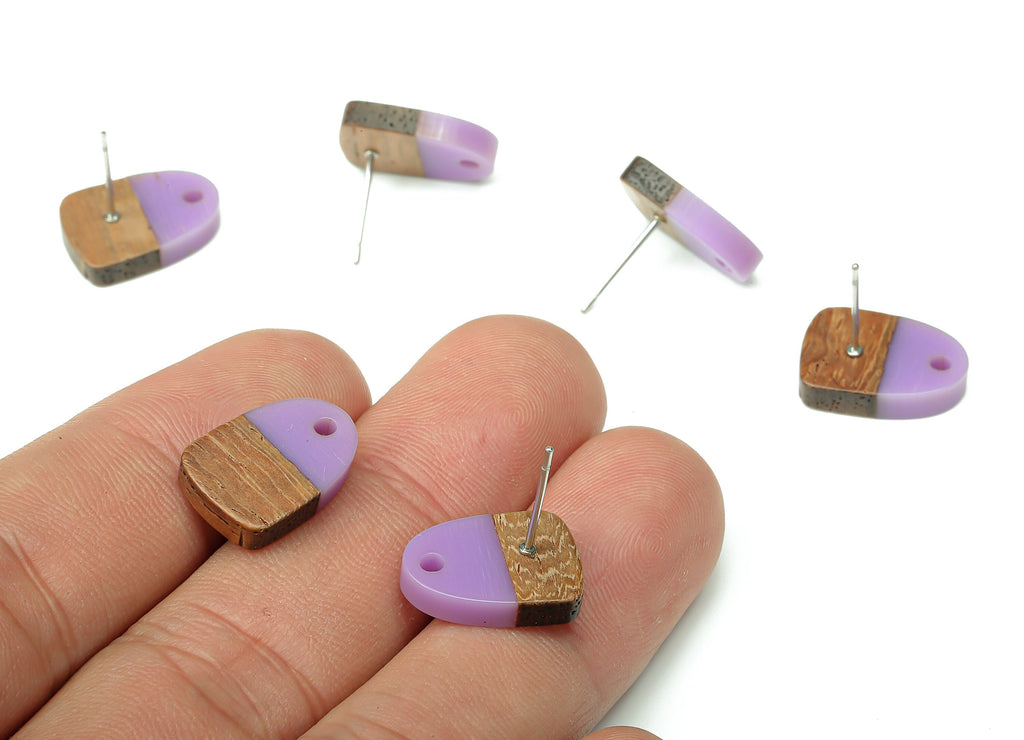Natural Wooden Domed Earring Stud - Walnut Wood Purple Resin Drop Earring Post - 316 Stainless Steel Stud - 15.18x11.01x3.18mm - BB1261C - DOMEDBAZAAR
