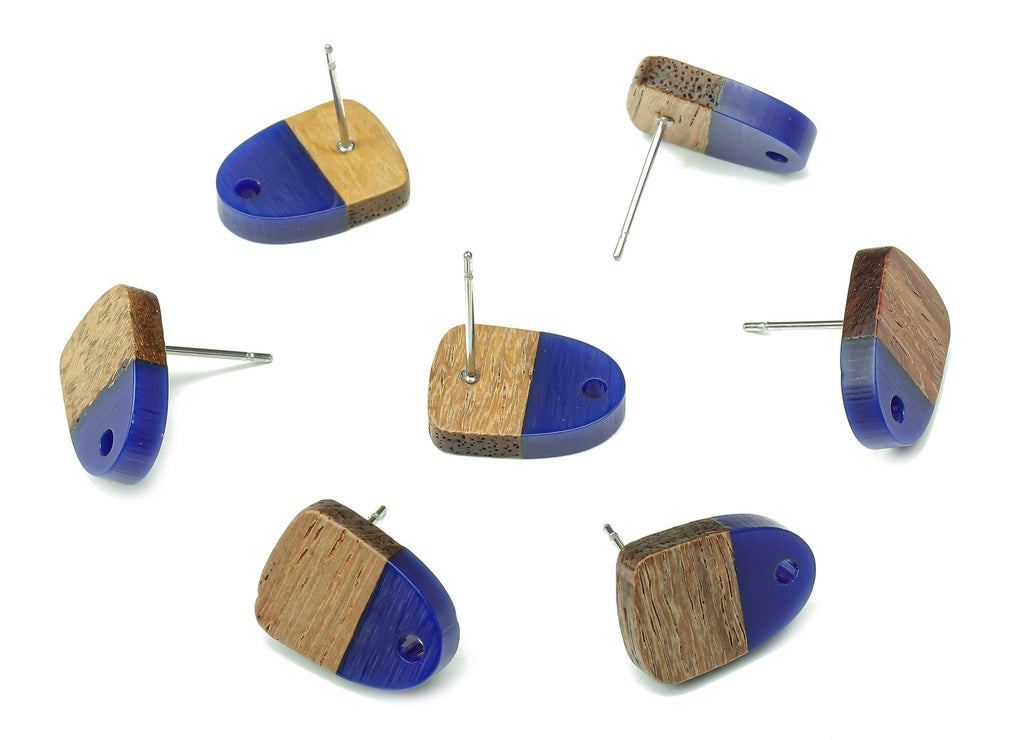 Natural Wooden Domed Earring Stud - Walnut Wood Navy Resin Drop Earring Post - 316 Stainless Steel Stud - 15.18x11.01x3.18mm - BB1261E - DOMEDBAZAAR
