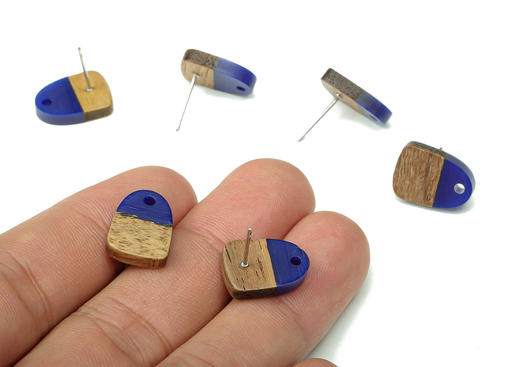 Natural Wooden Domed Earring Stud - Walnut Wood Navy Resin Drop Earring Post - 316 Stainless Steel Stud - 15.18x11.01x3.18mm - BB1261E - DOMEDBAZAAR