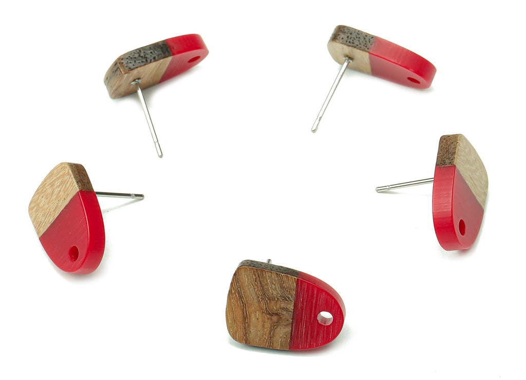 Natural Wooden Domed Earring Stud - Walnut Wood Red Resin Drop Earring Post - 316 Stainless Steel Stud - 15.18x11.01x3.18mm - BB1261F - DOMEDBAZAAR